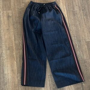 Zara M denim Wide-Leg Track Pants with Red & White Side Stripes